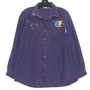 Looney Tunes Vintage Top Tweety Corduroy Y2K 90s Retro Button Up Purple Large